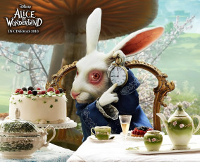 обоя кино фильмы, alice in wonderland, кролик, часы, стол, угощение