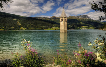 Картинка природа реки озера цветы вода башня горы