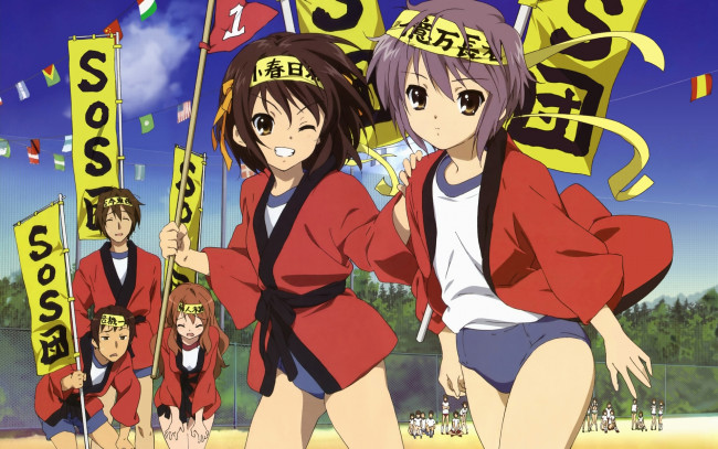 Обои картинки фото аниме, the, melancholy, of, haruhi, suzumiya, девушки, кимоно