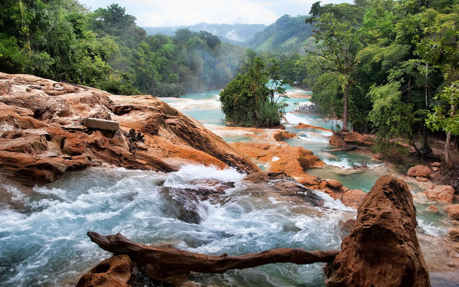 Обои картинки фото cascadas, de, agua, azul, мексика, природа, реки, озера, водопад