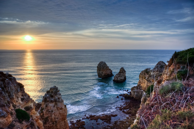 Обои картинки фото природа, восходы, закаты, море, скалы, солнце