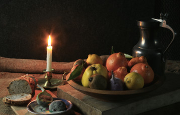 Картинка еда натюрморт лимоны апельсины свеча инжир киви айва