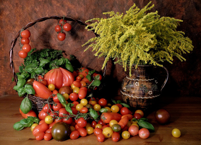 Обои картинки фото еда, помидоры, томаты, базилик, корзина, петрушка