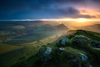 Картинка природа восходы закаты пик-дистрикт англия солнце свет тучи небо скалы горы холмы chrome hill
