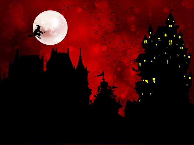 Обои картинки фото праздничные, хэллоуин, луна, птицы, баба-яга, замок