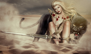 Картинка фэнтези красавицы+и+чудовища меч воительница девушка пески рык пантера