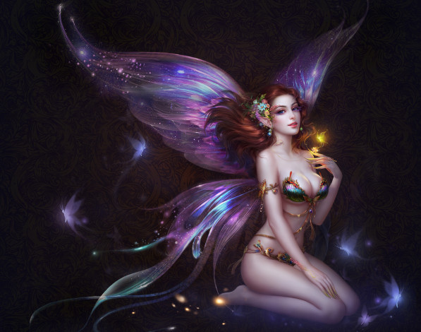 Обои картинки фото фэнтези, феи, fantasy, fairy, фея, крылья, взгляд, фон, узоры