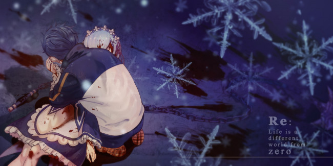 Обои картинки фото аниме, re,  zero kara hajimeru isekai seikatsu, субару, снежинки, драма, кровь, рем