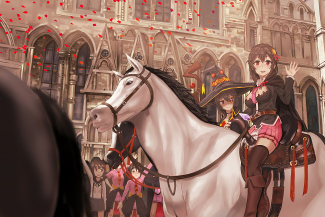 Обои картинки фото аниме, kono subarashii sekai ni shukufuku wo, лошадь, девушки