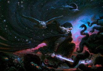 Картинка фэнтези маги +волшебники сова сон человек затмение капюшон меч розы луна тьма небо фантазия ночь цветы облака