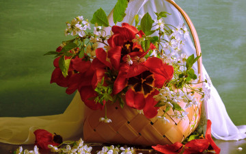 Картинка цветы разные+вместе полки вишня тюльпаны ягоды корзина ткань ветки доски лепестки