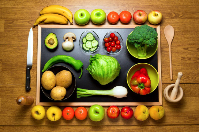 Обои картинки фото еда, разное, лук, перец, картошка, капуста, бананы, яблоки
