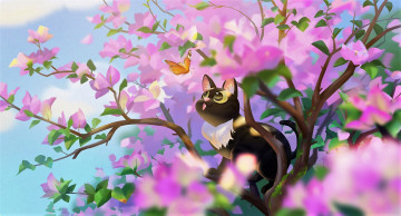 обоя рисованное, животные,  коты, кот, бабочка, дерево, цветение