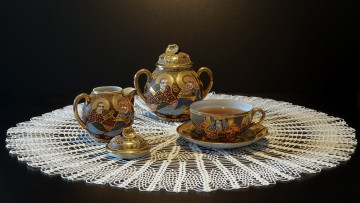 Картинка еда напитки +чай вязаная кружевная салфетка чай чайный сервиз