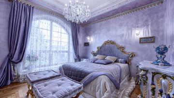 Картинка интерьер спальня люстра кровать пуфики