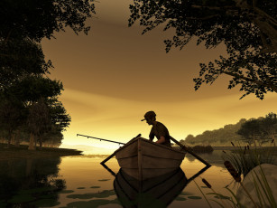 Картинка 3д графика nature landscape природа вечер озеро лодка рыбак