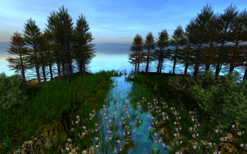 Картинка 3д графика nature landscape природа цветы вода дедевья
