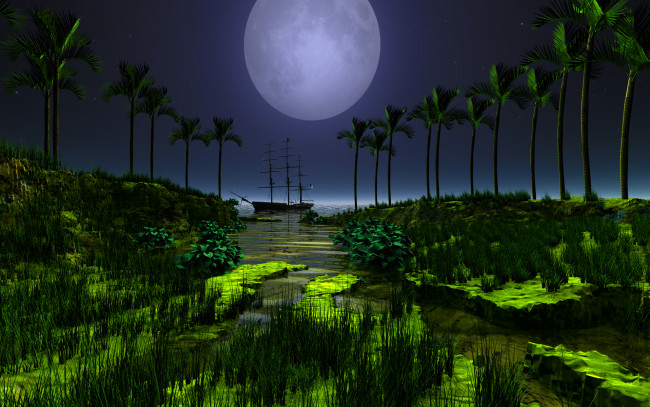 Обои картинки фото 3д, графика, nature, landscape, природа, ночь, море, парусник, луна, пальмы