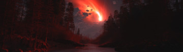 Картинка 3д графика nature landscape природа извержение вулкан река лес ночь