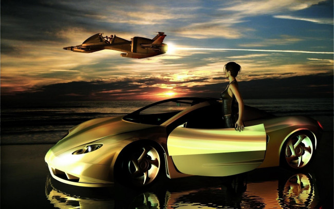 Обои картинки фото 3д, графика, fantasy, фантазия, земля, облака, небо, летчик, самолет, девушка, автомобиль