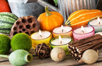 обоя еда, разное, осень, украшения, декор, свечи, подсвечники, арбуз, тыква, маки, прутья