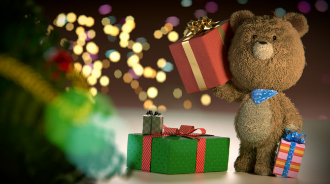 Обои картинки фото праздничные, мягкие, игрушки, мишка, медведь, подарки, игрушка, коробки