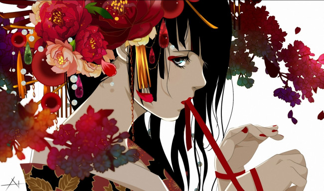 Обои картинки фото аниме, *unknown, другое, девушка, цветы, кимоно, лента