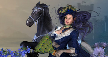 Картинка 3д+графика люди+ people шляпа волосы взгляд девушка лошадь цветы перья
