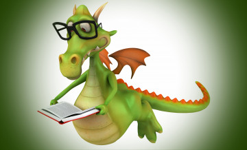обоя 3д графика, юмор , humor, дракон, книга, чтение, очки, крылья