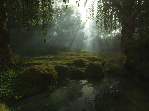Обои картинки фото 3д графика, природа , nature, ручей, лучи, лес