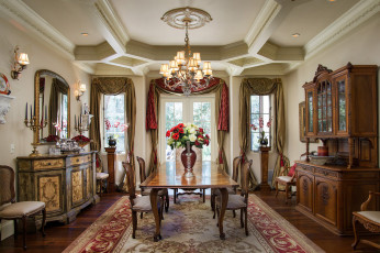 Картинка интерьер гостиная классика столовая мебель люстра дизайн стиль стулья стол сервант комод цветы