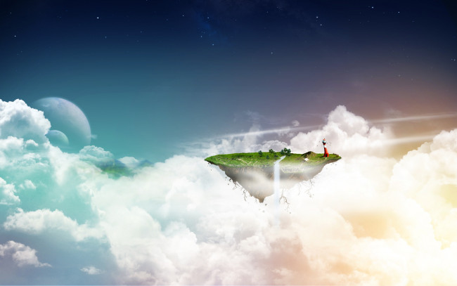 Обои картинки фото разное, компьютерный дизайн, планеты, небо, маяк, остров, облака