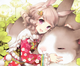 Картинка аниме животные +существа девочка кролик