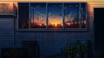Картинка аниме город +улицы +здания закат окно