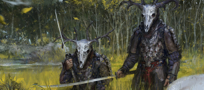 Обои картинки фото фэнтези, существа, меч, шлем, лес, череп, воин