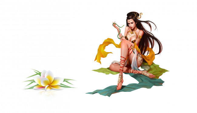 Обои картинки фото фэнтези, девушки, девушка, цветок, арт, змея, фентези