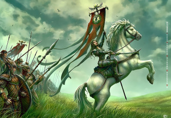 Картинка календари фэнтези 2019 calendar конь флаг воительница девушка лошадь войско