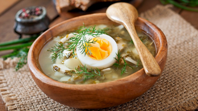 Обои картинки фото еда, первые блюда, щавелевый, суп, яйцо