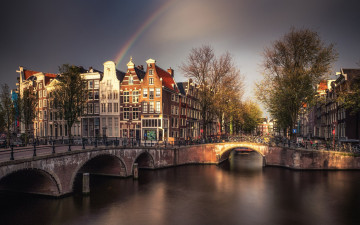 обоя города, амстердам , нидерланды, канал, мосты, радуга