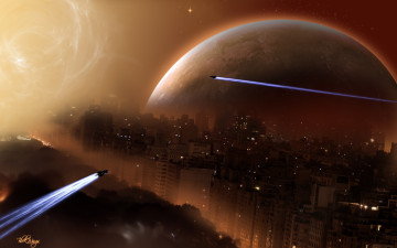 Картинка космос арт планета звезда корабли город