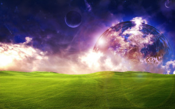 Картинка разное компьютерный дизайн поле небо космос луг трава планета луна свет облака