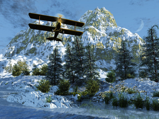 Обои картинки фото 3д, графика, nature, landscape, природа, самолёт, снег, горы