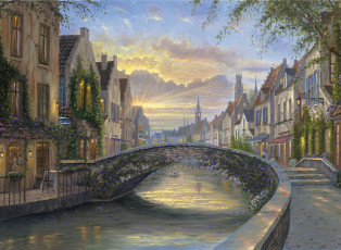Картинка reflection of belgium рисованные robert finale закат бельгия дома мост