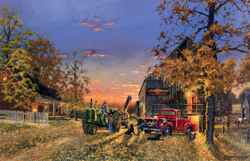 Картинка time of plenty рисованные dave barnhouse трактор осень листопад дом деревья люди