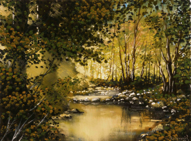 Обои картинки фото golden, pond, рисованные, liam, rainsford, пруд, лес, осень