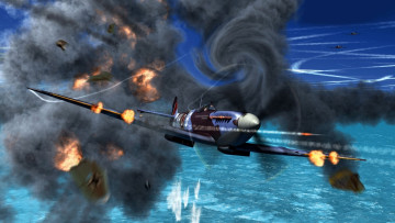 Картинка «спитфайр» авиация 3д рисованые graphic огонь взрыв выстрелы истребитель британский воздушный бой небо