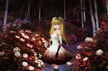 Картинка аниме unknown +другое лес платье девушка huazha01 арт ночь цветы кусты темно