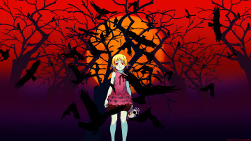 Картинка аниме bakemonogatari kuzakawe maron луна ветки дерево ночь девушка арт character tagme вороны птицы