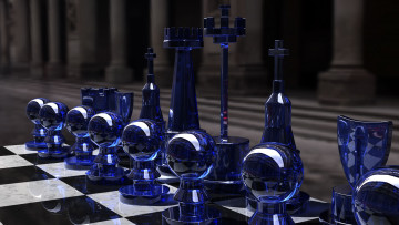 Картинка разное настольные+игры +азартные+игры chess set blue side kjasi rendering glass шахматы игра стратегия фигуры пешки синее стекло доска чёрное белое