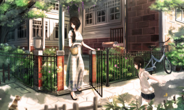 Картинка аниме kikivi+ artbook кот велосипед забор девушка лето улица kikivi арт девочка
